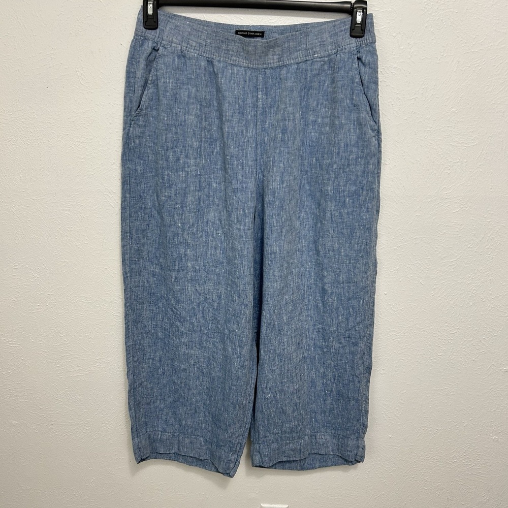 Tahari Pants Blue Sz XL‎ Linen Pull On Wide Leg Cropped Lined Minimalist Coastal
